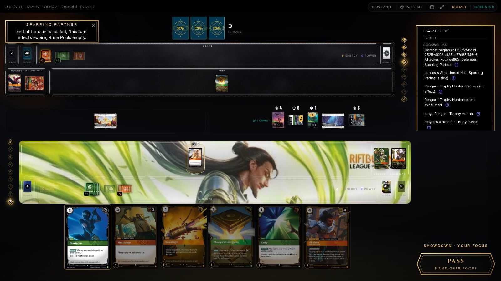 Riftbound match in progress on the Rip Room simulator: battlefields, rune tray and a full hand of cards