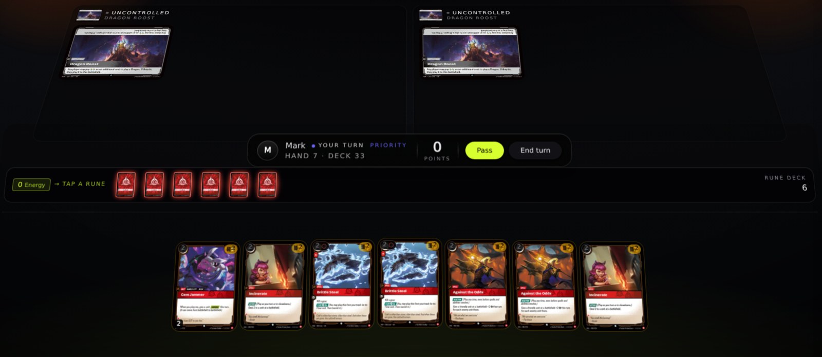 Riftbound match in progress on the Rip Room simulator: battlefields, rune tray and a full hand of cards